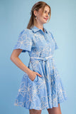 Floral Embroidered Belted Mini Shirt Dress- Lt Blue