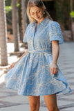 Floral Embroidered Belted Mini Shirt Dress- Lt Blue