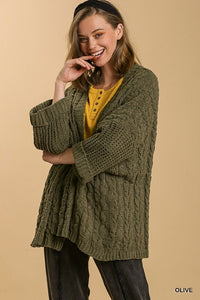 Folded Sleeve Open Front Cable Knit Sweater Cardigan