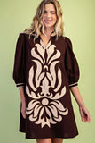Damask Appliqué Puff-Sleeve Mini Dress