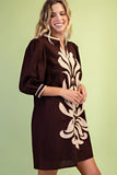 Damask Appliqué Puff-Sleeve Mini Dress