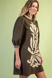 Damask Appliqué Puff-Sleeve Mini Dress