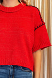 Contrast Blanket Stitch Short Sleeve Sweater
