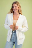 Contrast Whipstitch Open-Front Cardigan with Pockets- Cream