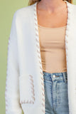 Contrast Whipstitch Open-Front Cardigan with Pockets- Cream