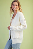 Contrast Whipstitch Open-Front Cardigan with Pockets- Cream