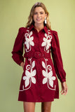 Floral Appliqué Belted Shirt Dress