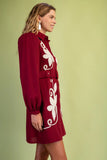 Floral Appliqué Belted Shirt Dress