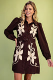 Floral Appliqué Belted Shirt Dress - Espresso
