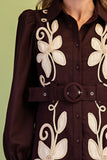 Floral Appliqué Belted Shirt Dress - Espresso