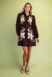 Floral Appliqué Belted Shirt Dress - Espresso