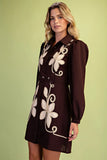 Floral Appliqué Belted Shirt Dress - Espresso