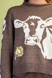 Cow & Sunflower Roll-Neck Knit Sweater