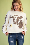 Cow & Sunflower Roll-Neck Knit Sweater