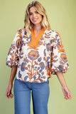 Floral Print Contrast Split-Neck Balloon Sleeve Blouse- Cream Mix