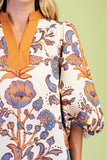 Floral Print Contrast Split-Neck Balloon Sleeve Blouse- Cream Mix