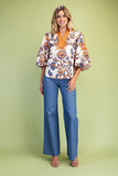 Floral Print Contrast Split-Neck Balloon Sleeve Blouse- Cream Mix
