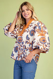 Floral Print Contrast Split-Neck Balloon Sleeve Blouse- Cream Mix