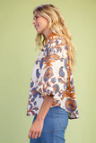 Floral Print Contrast Split-Neck Balloon Sleeve Blouse- Cream Mix