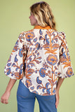 Floral Print Contrast Split-Neck Balloon Sleeve Blouse- Cream Mix