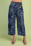 Blue Leopard Smocked Waist Cropped Pants - Indigo