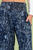 Blue Leopard Smocked Waist Cropped Pants - Indigo