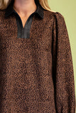 Leopard Print Contrast Collar Scallop Hem Mini Dress - Brown/Black