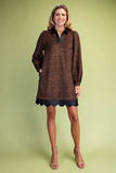 Leopard Print Contrast Collar Scallop Hem Mini Dress - Brown/Black