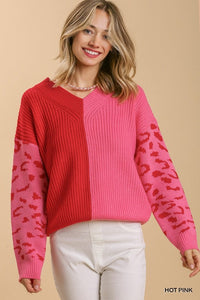 Colorblock V-Neck Knit Pullover Sweater - Red/Pink