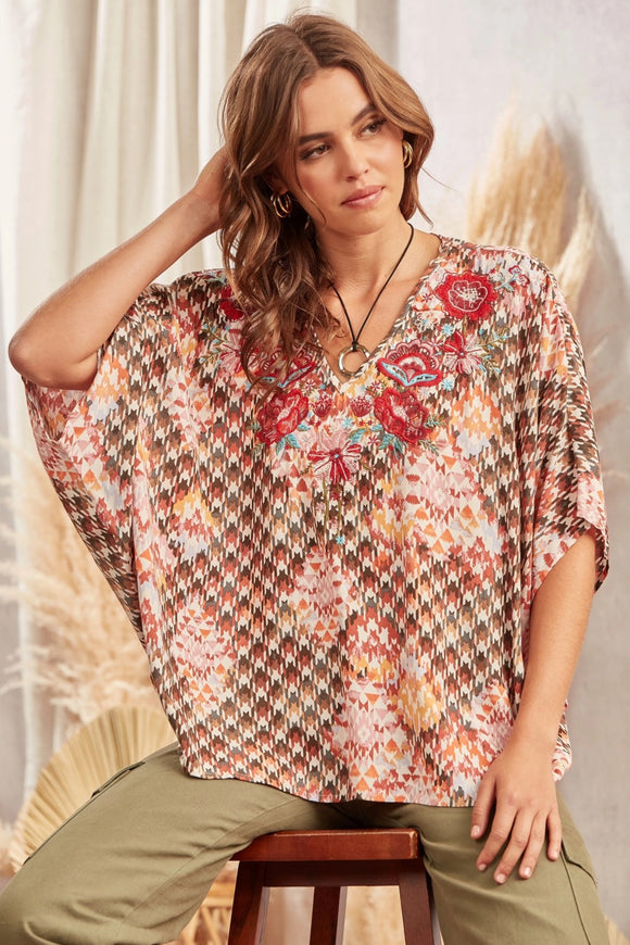 Embroidered Aztec Mixed Print Poncho Top