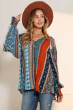 Balloon Sleeve Border Print Blouse - Navy