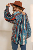 Balloon Sleeve Border Print Blouse - Navy