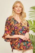 Floral Print Blouse with Split Neckline and Flowy Bodice - Black