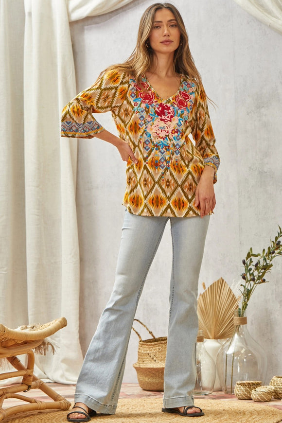 Aztec Inspired Bell Sleeve Embroidered SJ Top - Honey/Olive