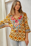 Aztec Inspired Bell Sleeve Embroidered SJ Top - Honey/Olive