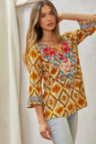 Aztec Inspired Bell Sleeve Embroidered SJ Top - Honey/Olive