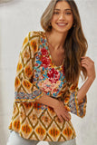 Aztec Inspired Bell Sleeve Embroidered SJ Top - Honey/Olive