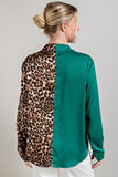 Split Leopard Print Button-Up Blouse Top - Royal Blue