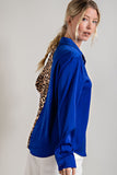 Split Leopard Print Button-Up Blouse Top - Royal Blue