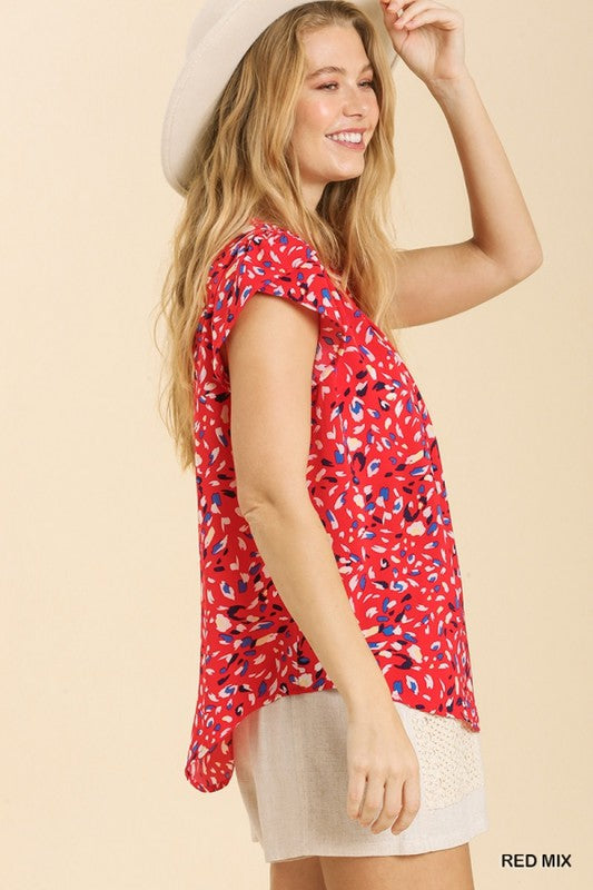Animal PrintTop with Tulip Short Sleeves - Red
