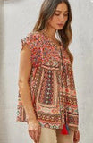 Embroidered Tassel SJ Babydoll Aztec Print Top - Coral/Pink