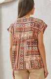 Embroidered Tassel SJ Babydoll Aztec Print Top - Coral/Pink