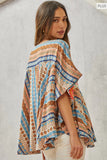 Floral Embroidered SJ Poncho Top -Taupe/Blue