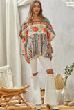 Floral Embroidered SJ Poncho Top -Taupe/Blue