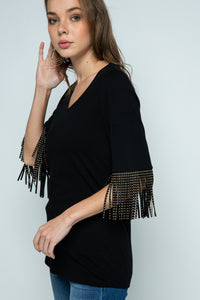 Stud Embellished Fringe Sleeve Solid Top - Black