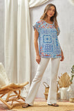 SJ Bandana Print Embroidered Edge Cap Sleeve Top - Blue