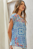 SJ Bandana Print Embroidered Edge Cap Sleeve Top - Blue
