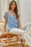 SJ Bandana Print Embroidered Edge Cap Sleeve Top - Blue