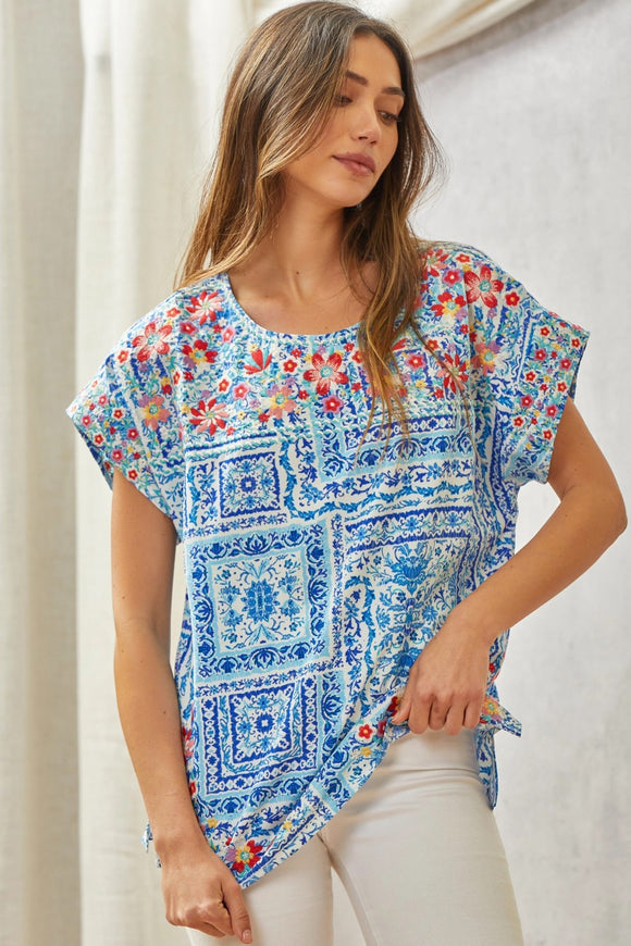 SJ Bandana Print Embroidered Edge Cap Sleeve Top - Blue