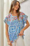 SJ Bandana Print Embroidered Edge Cap Sleeve Top - Blue